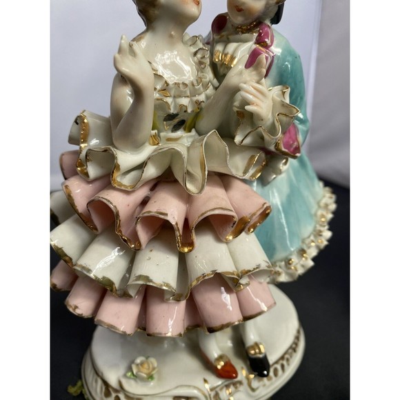 Vintage 7" Bone China Courting Couple Figurine Pink, Aqua with Gold Accents - Picture 2 of 5